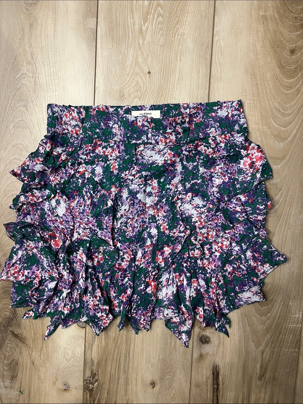 Isabelle Marant Etoile Floral Ruffle Mini Skirt Green Purple Size FR 38 US 6
